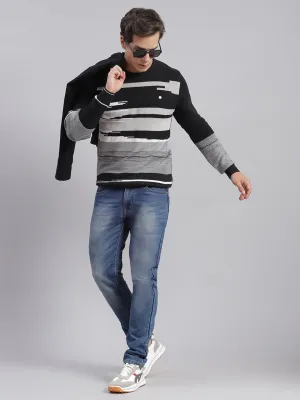 Men Black Self Design Round Neck Full Sleeve Sweaters/Pullovers