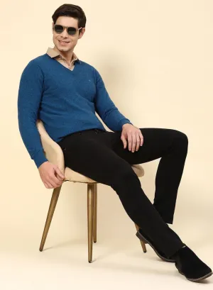 Men Blue Solid Lamb wool Pullover