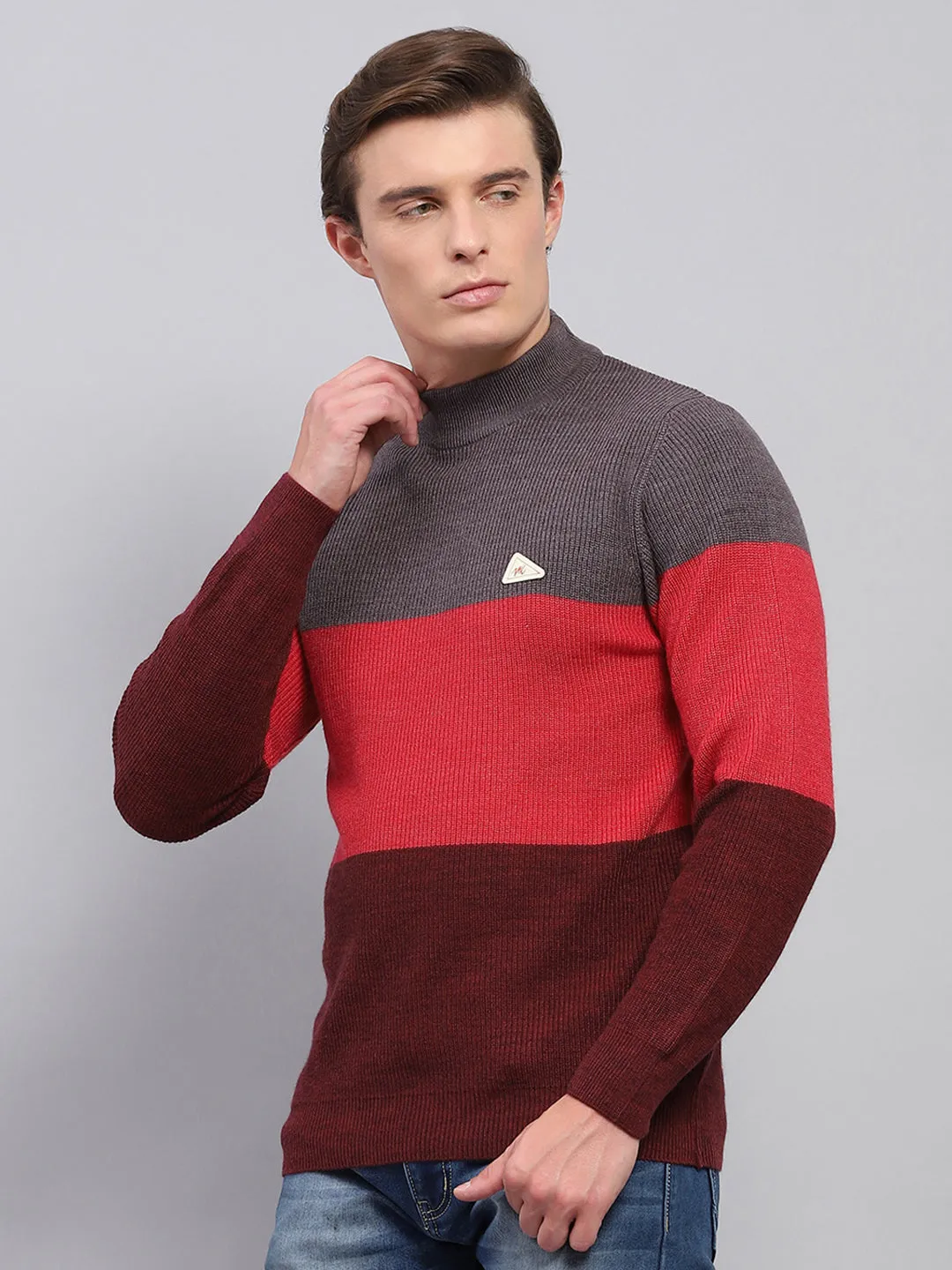 Men Grey & Red Stripe High Neck Full Sleeve Pullover