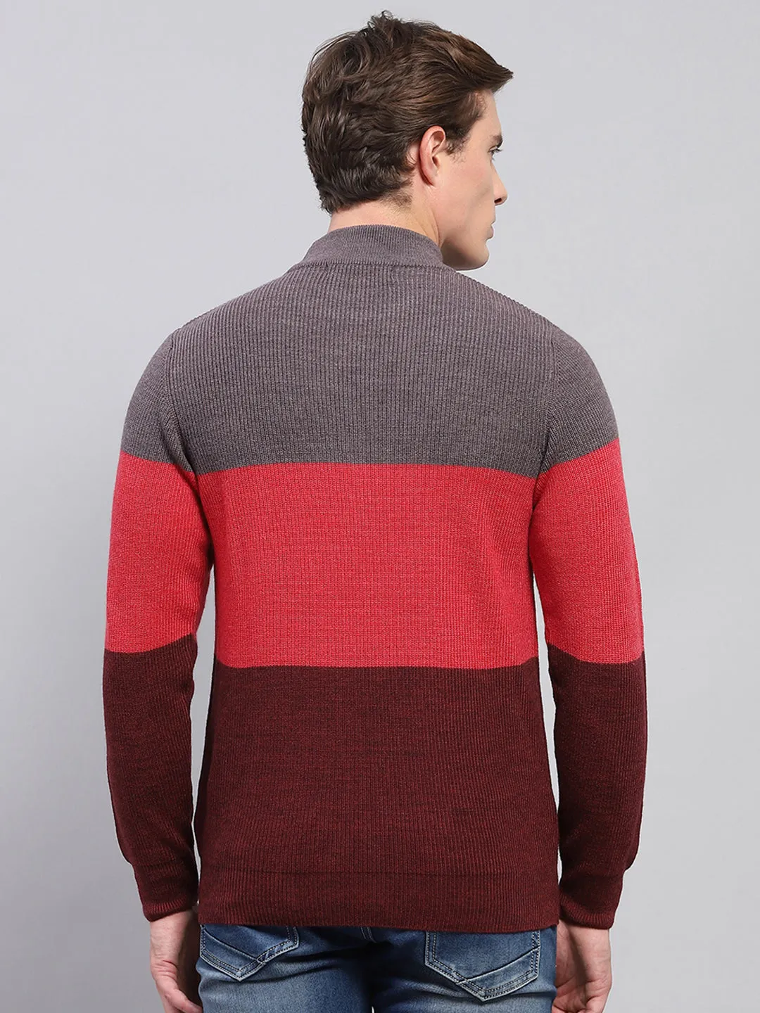 Men Grey & Red Stripe High Neck Full Sleeve Pullover