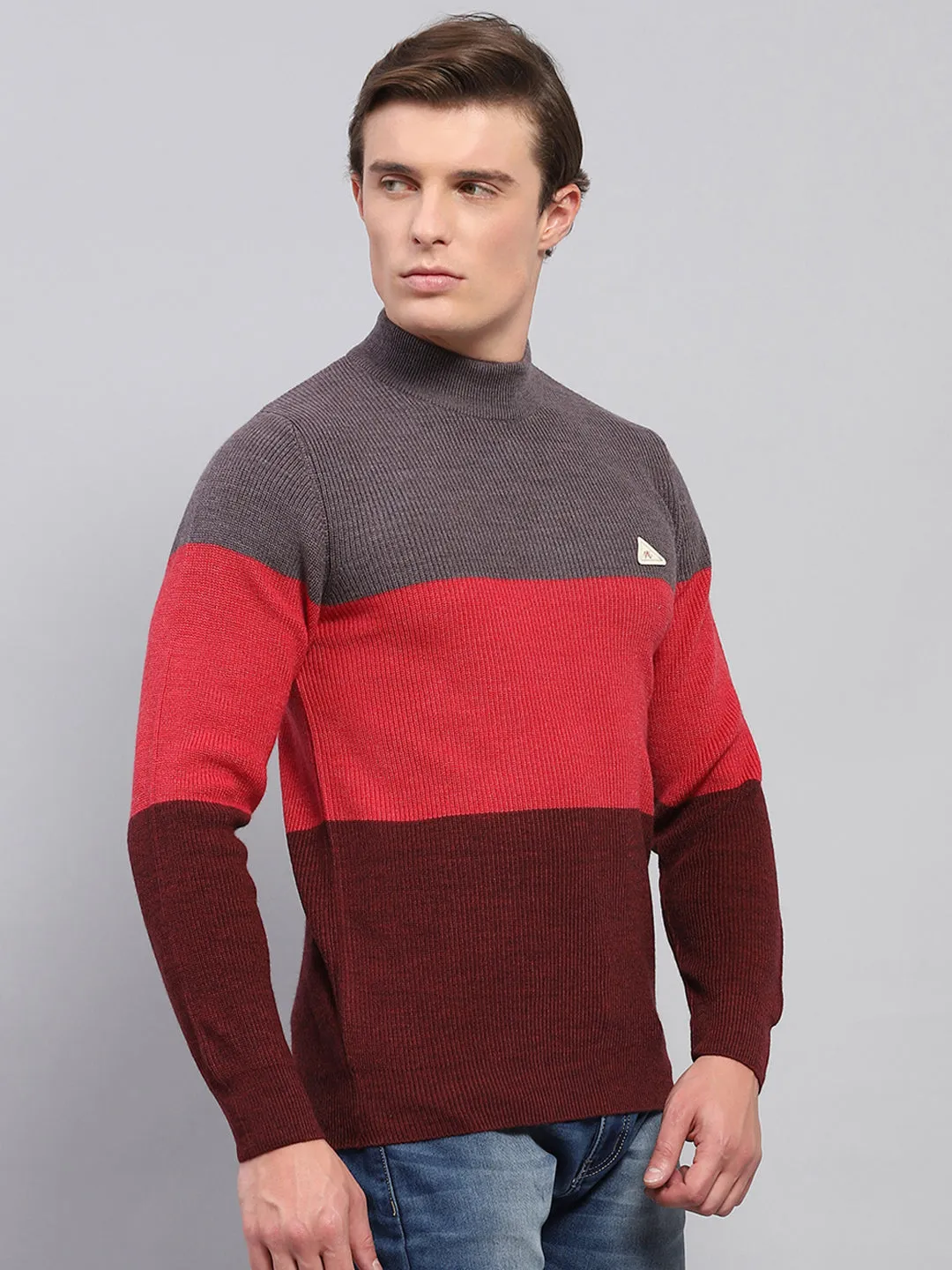 Men Grey & Red Stripe High Neck Full Sleeve Pullover