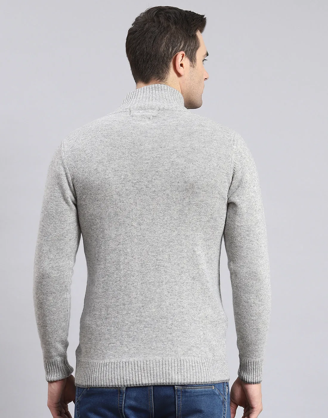 Men Grey Solid Stand Collar Full Sleeve Sweater