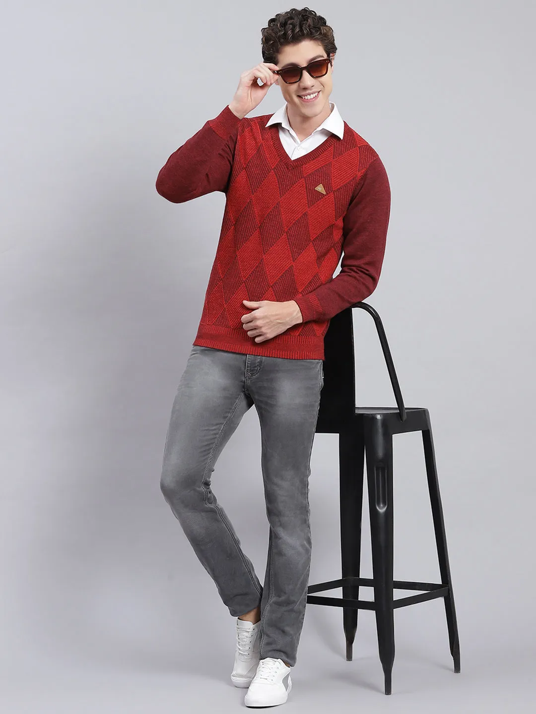 Men Maroon Printed Pure wool Pullover