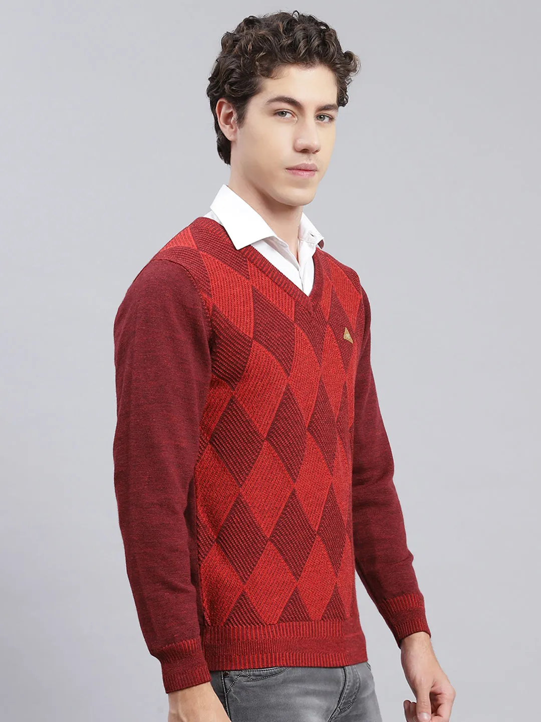 Men Maroon Printed Pure wool Pullover