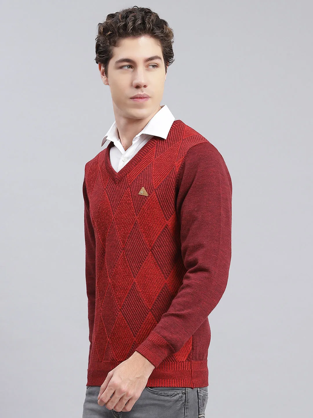 Men Maroon Printed Pure wool Pullover