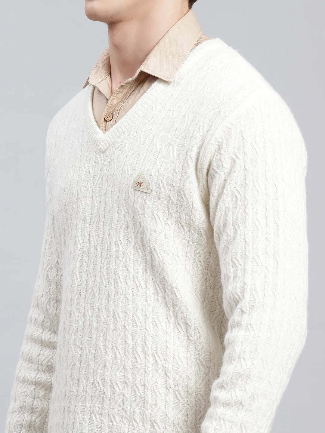 Men Off White Self Design Lamb wool Pullover