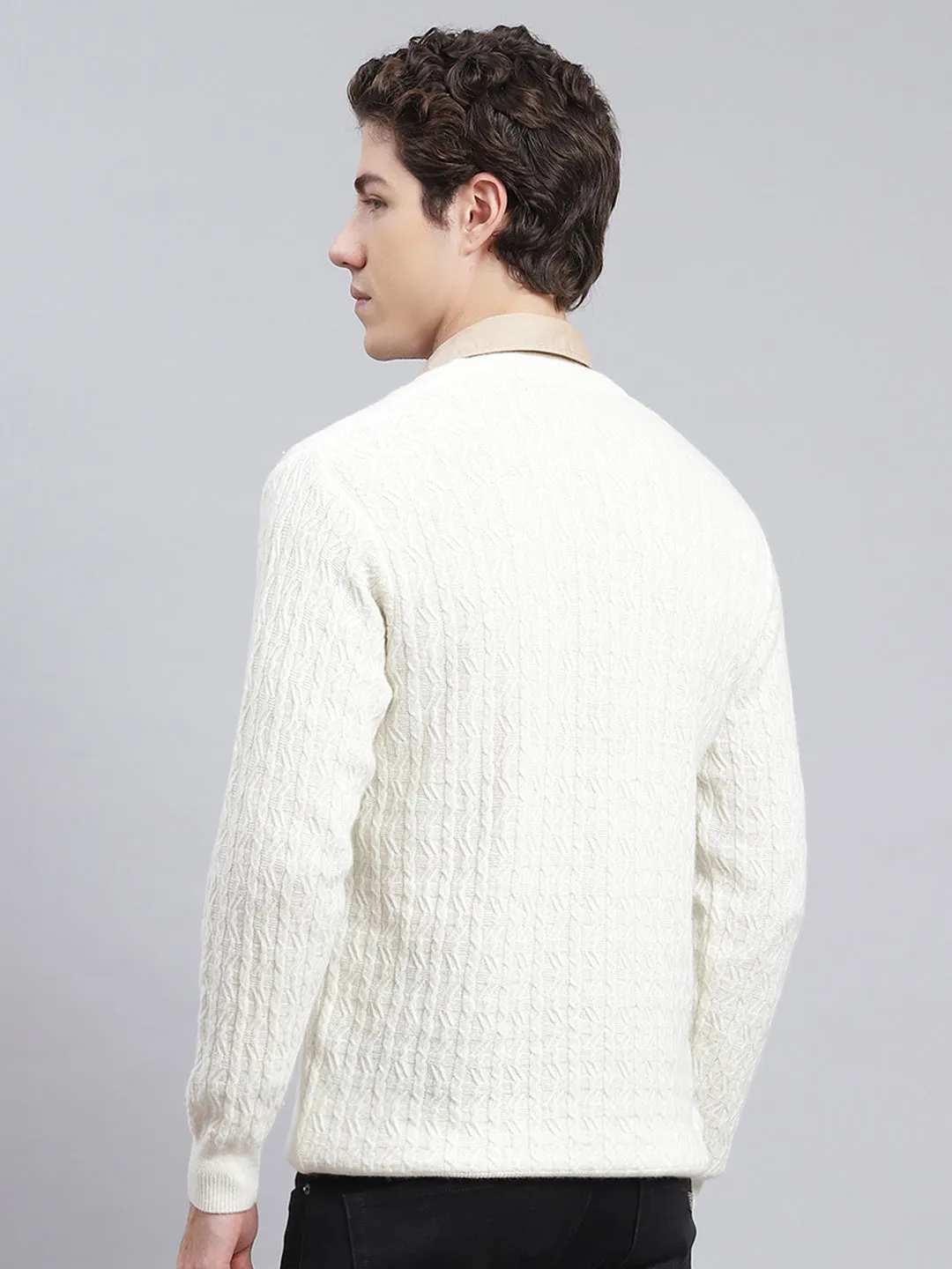 Men Off White Self Design Lamb wool Pullover