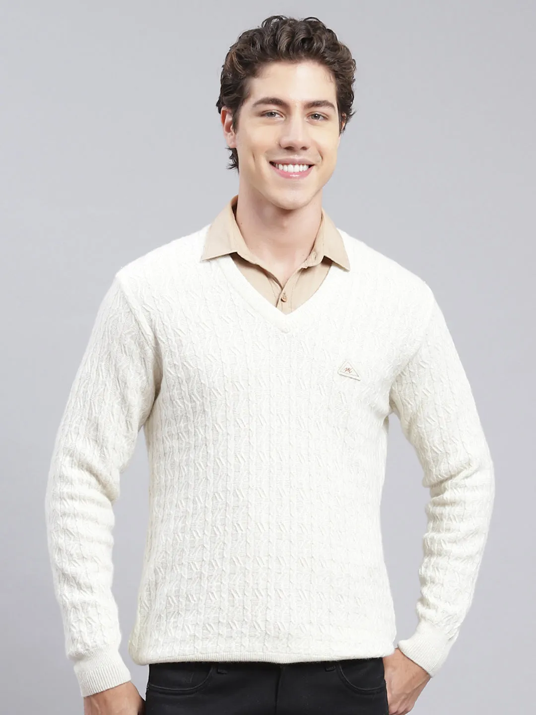 Men Off White Self Design Lamb wool Pullover