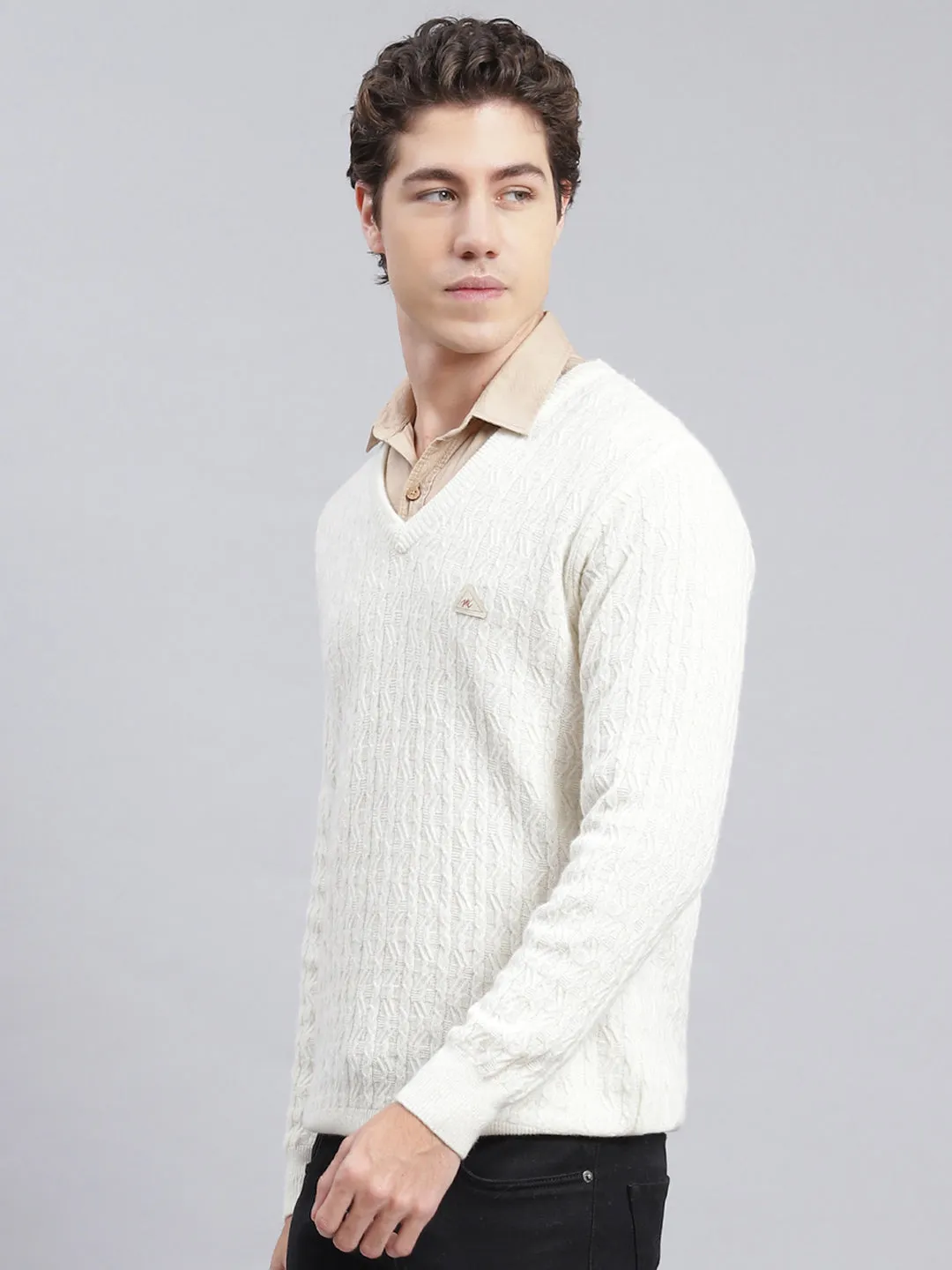 Men Off White Self Design Lamb wool Pullover