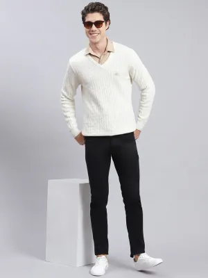 Men Off White Self Design Lamb wool Pullover