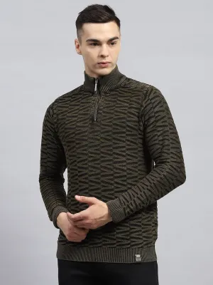 Men Olive Self Design High Neck Full Sleeve Pullover