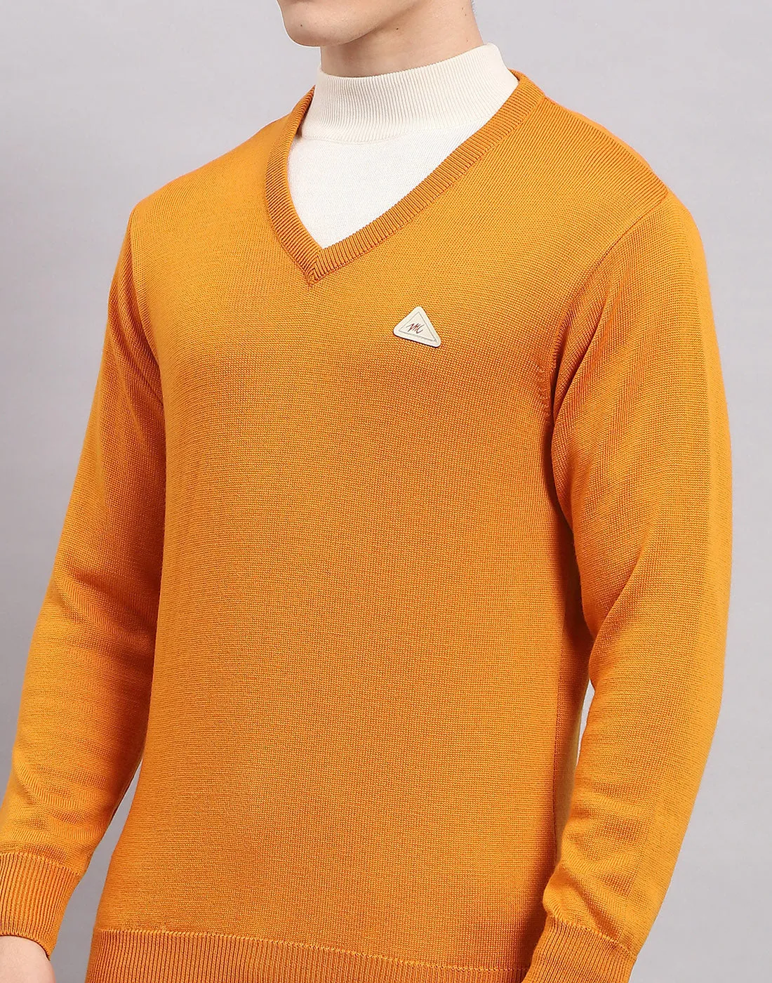 Men Orange Solid V Neck Full Sleeve Pullover