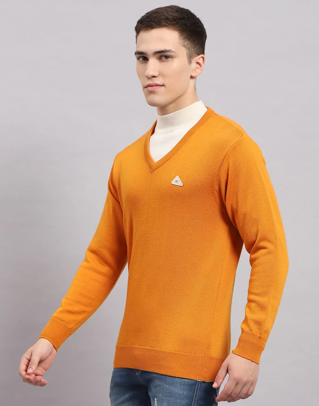 Men Orange Solid V Neck Full Sleeve Pullover