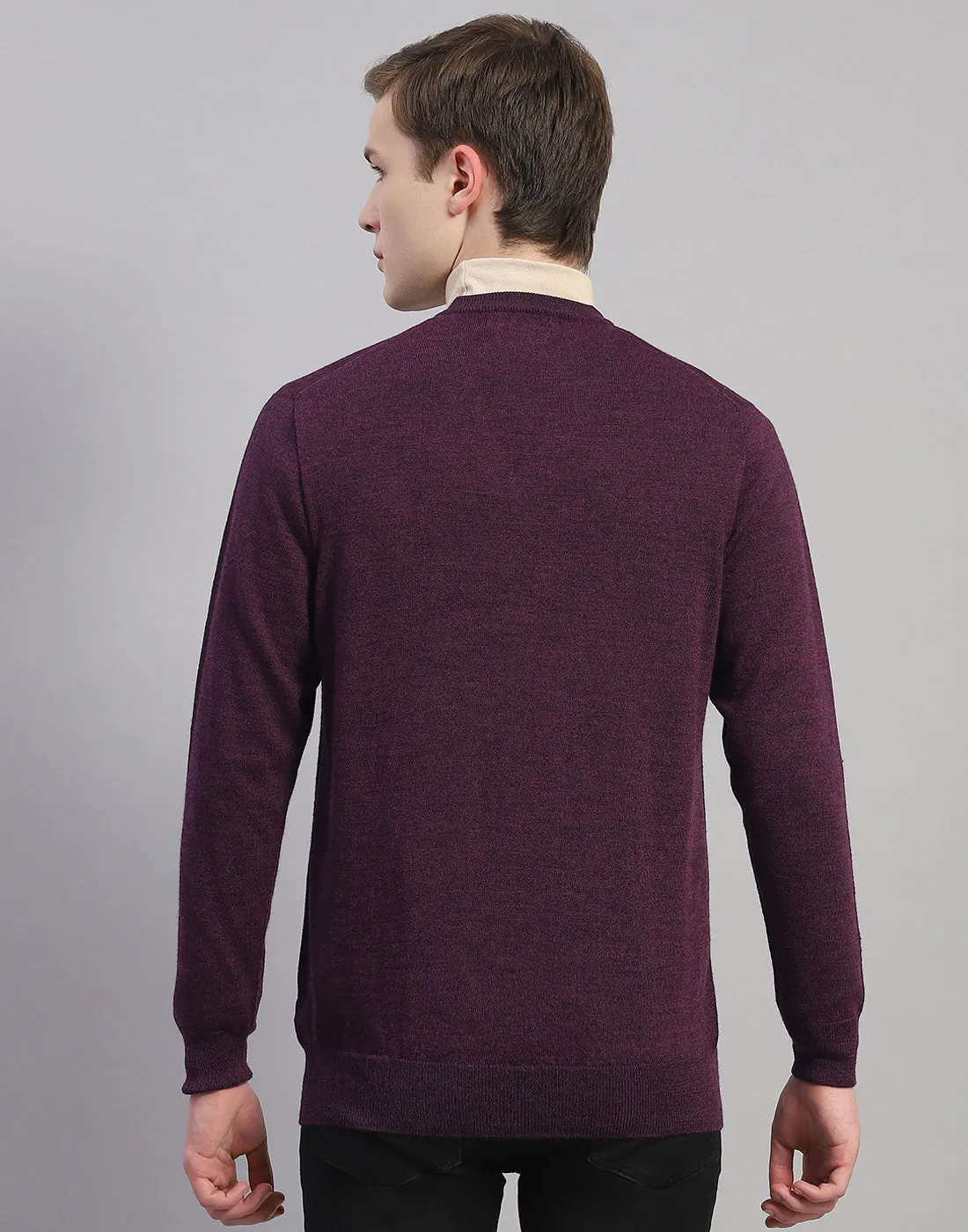 Men Purple Solid V Neck Full Sleeve Pullover