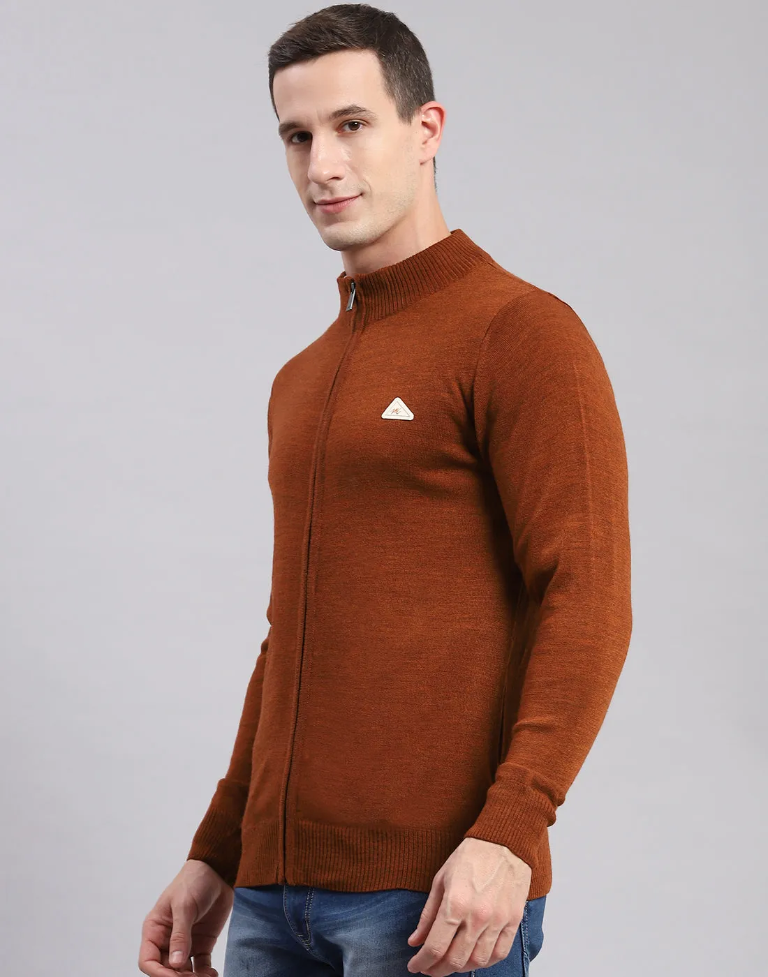 Men Rust Solid Stand Collar Full Sleeve Sweaters/Pullovers