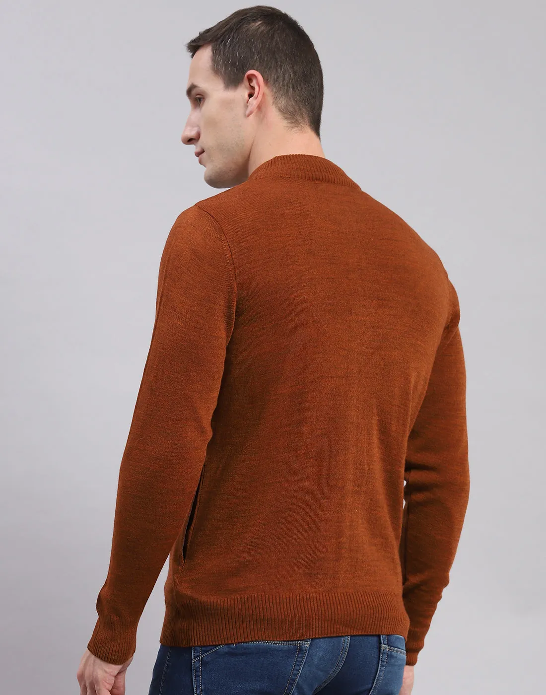 Men Rust Solid Stand Collar Full Sleeve Sweaters/Pullovers