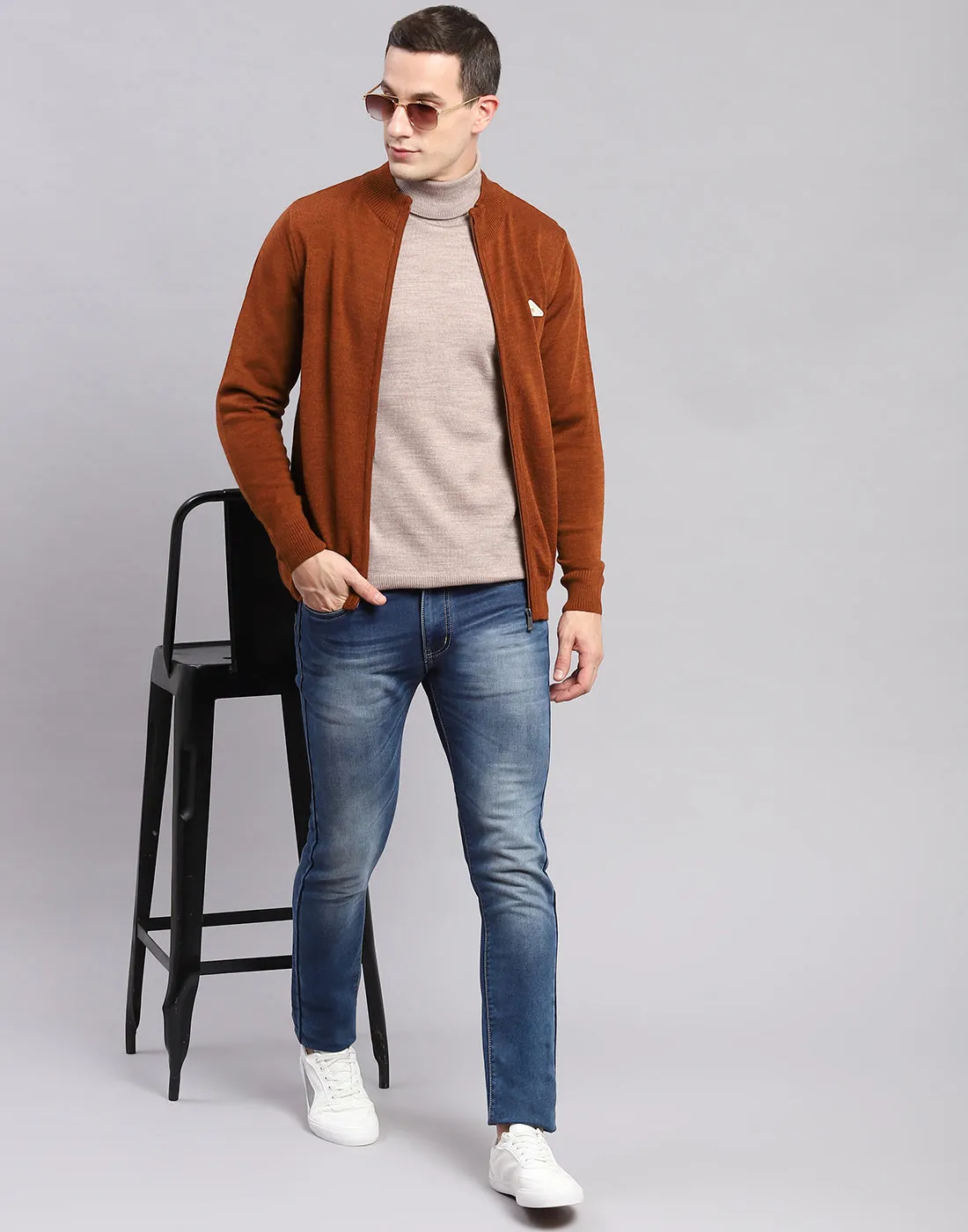 Men Rust Solid Stand Collar Full Sleeve Sweaters/Pullovers