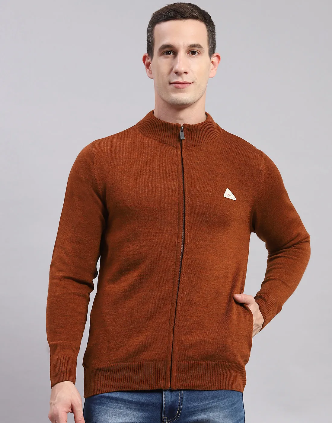 Men Rust Solid Stand Collar Full Sleeve Sweaters/Pullovers