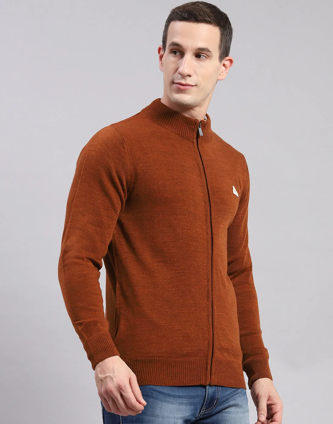 Men Rust Solid Stand Collar Full Sleeve Sweaters/Pullovers