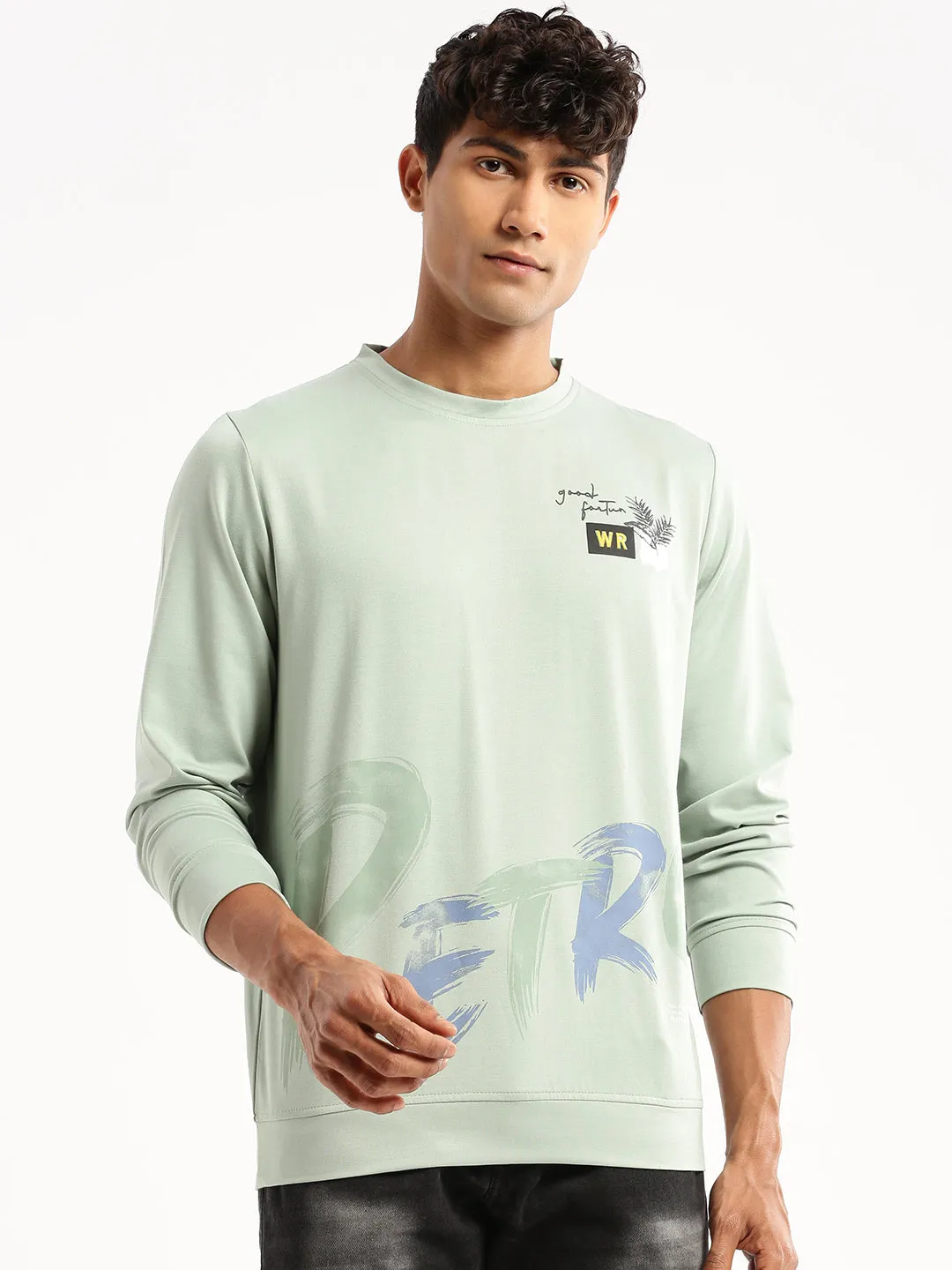 Men Sea Green Round Neck Typography Pullover