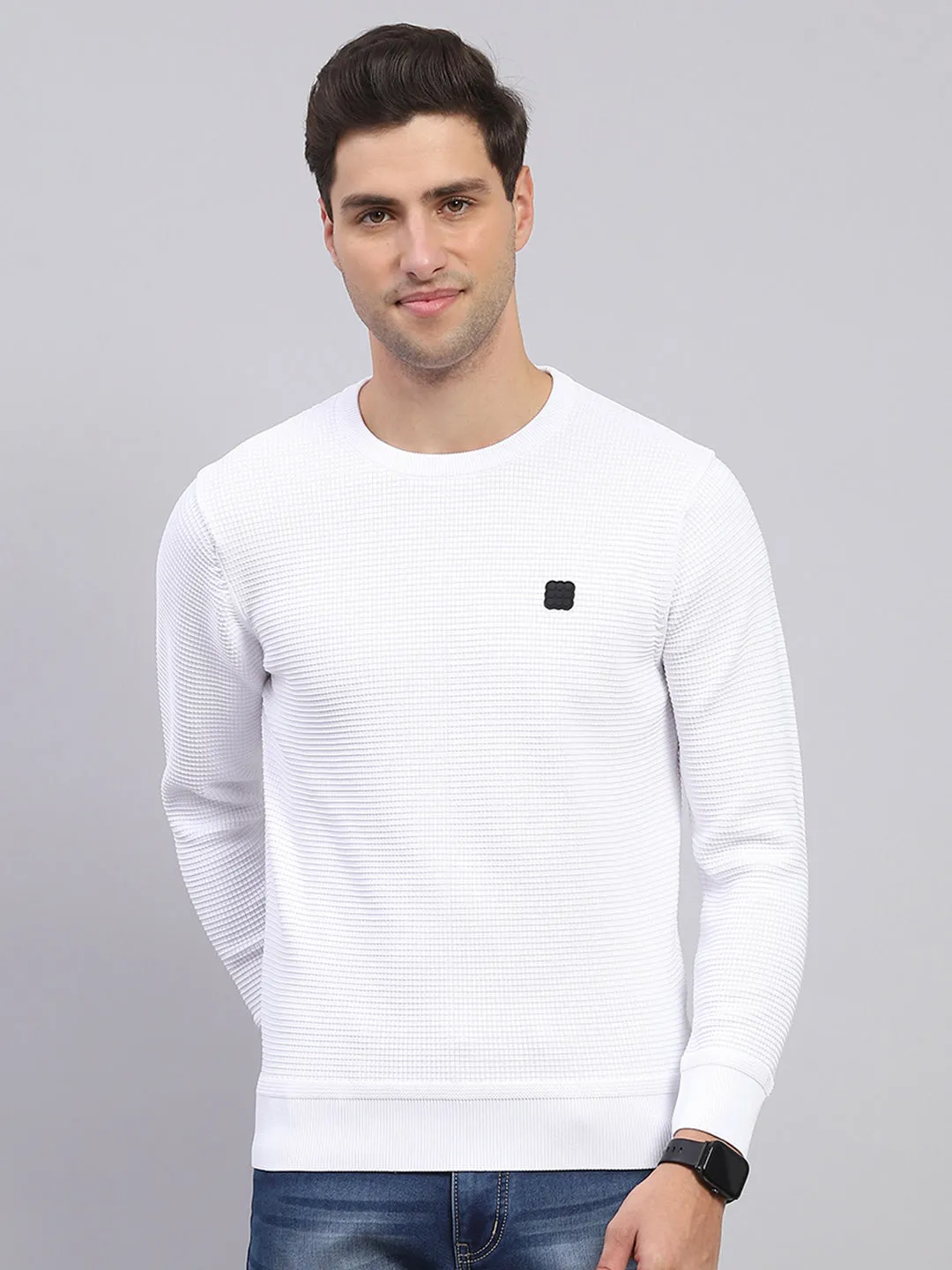 Men White Solid Round Neck Full Sleeve Pullover