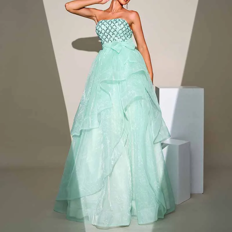 Mint Sequined Tulle Strapless Gown Wedding Party Gowns