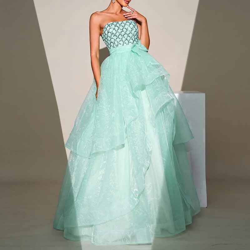 Mint Sequined Tulle Strapless Gown Wedding Party Gowns