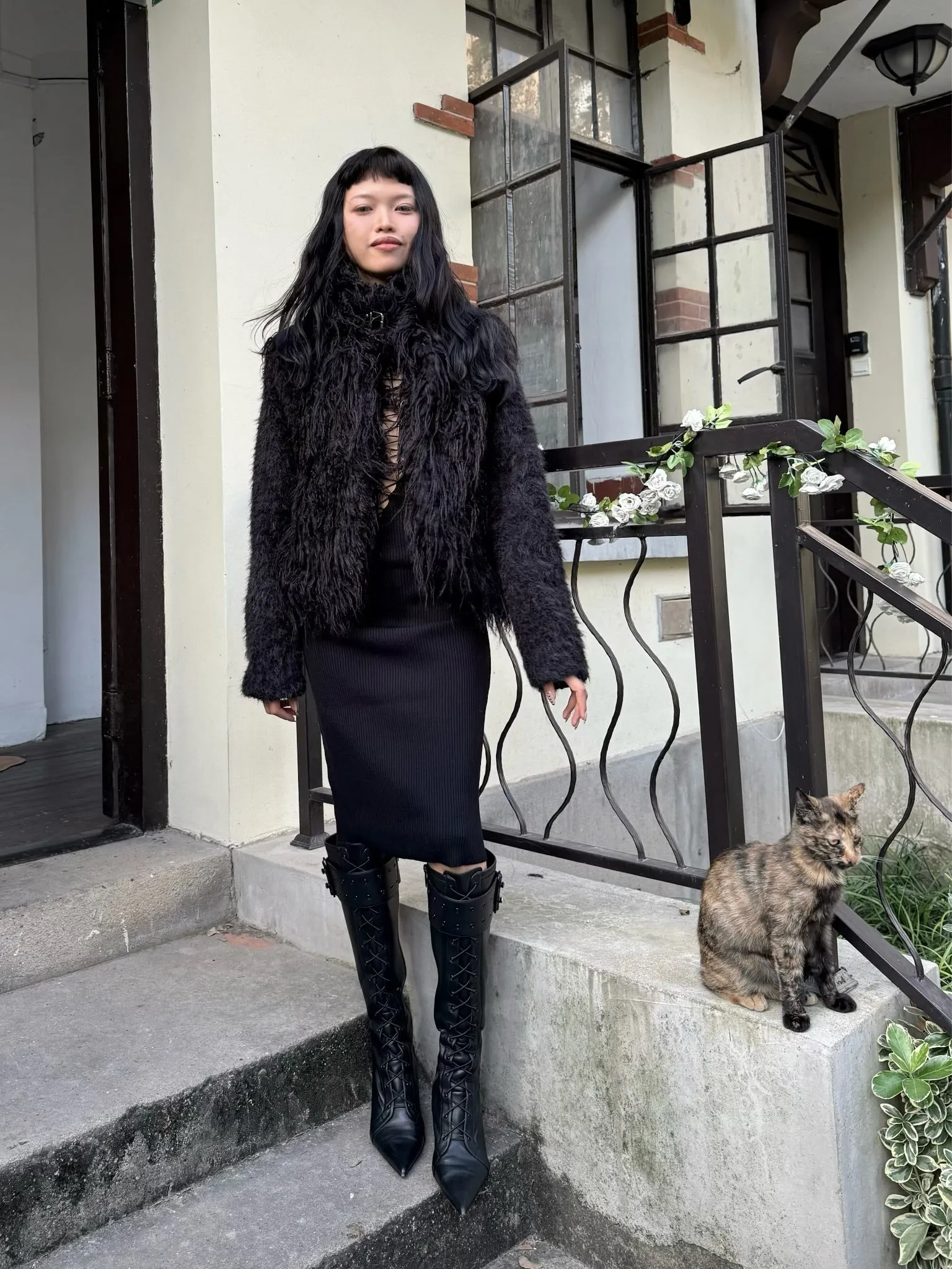 Original black warm faux fur coat with thick knit sleeves