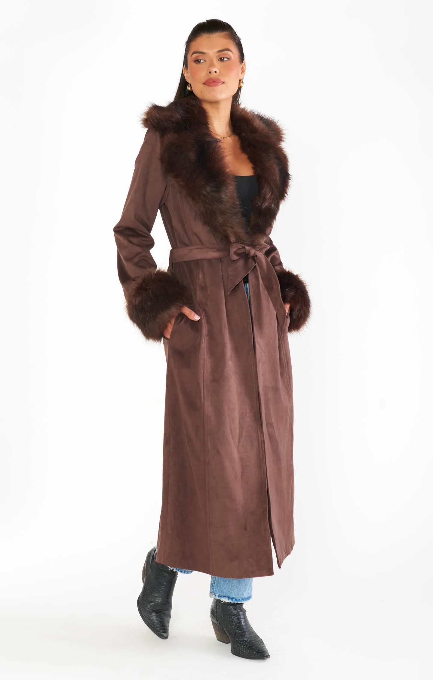 Penny Lane Long Coat ~ Cocoa Faux Suede with Faux Fur