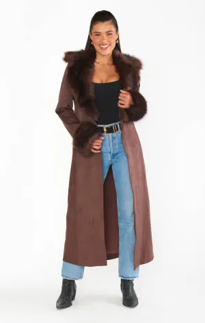 Penny Lane Long Coat ~ Cocoa Faux Suede with Faux Fur