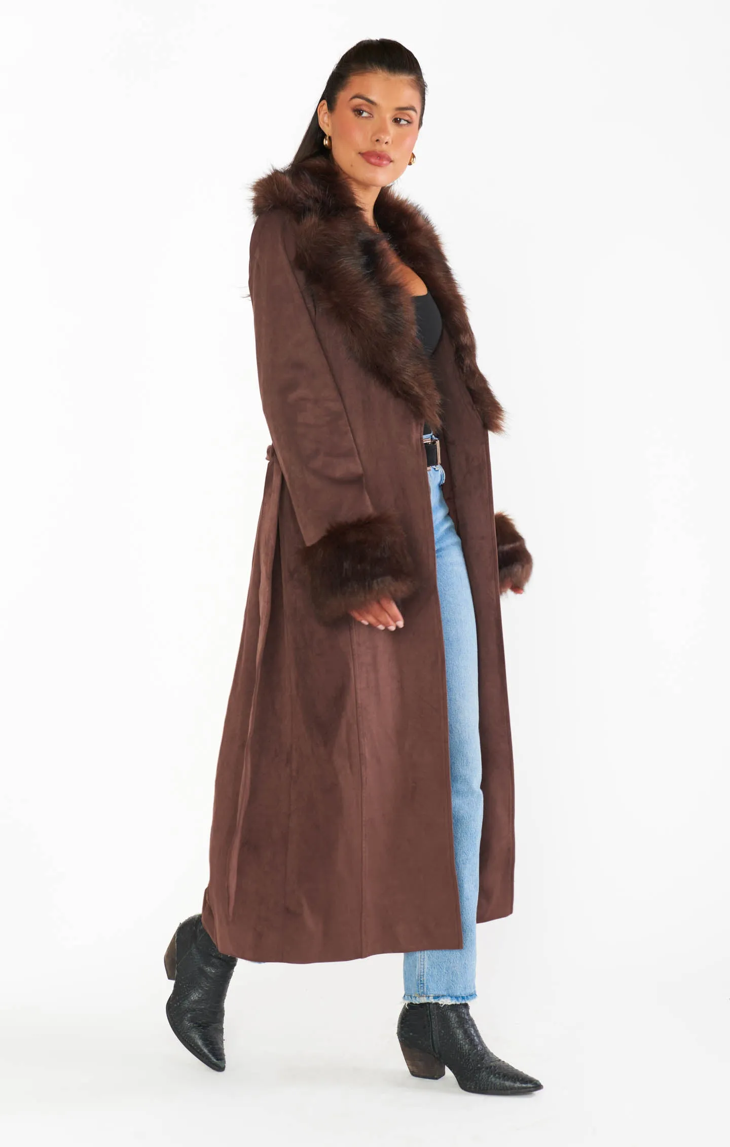 Penny Lane Long Coat ~ Cocoa Faux Suede with Faux Fur