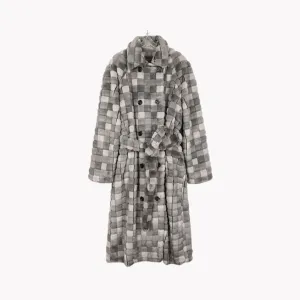 Pre Order:  Grey Checkered Faux Fur Coat