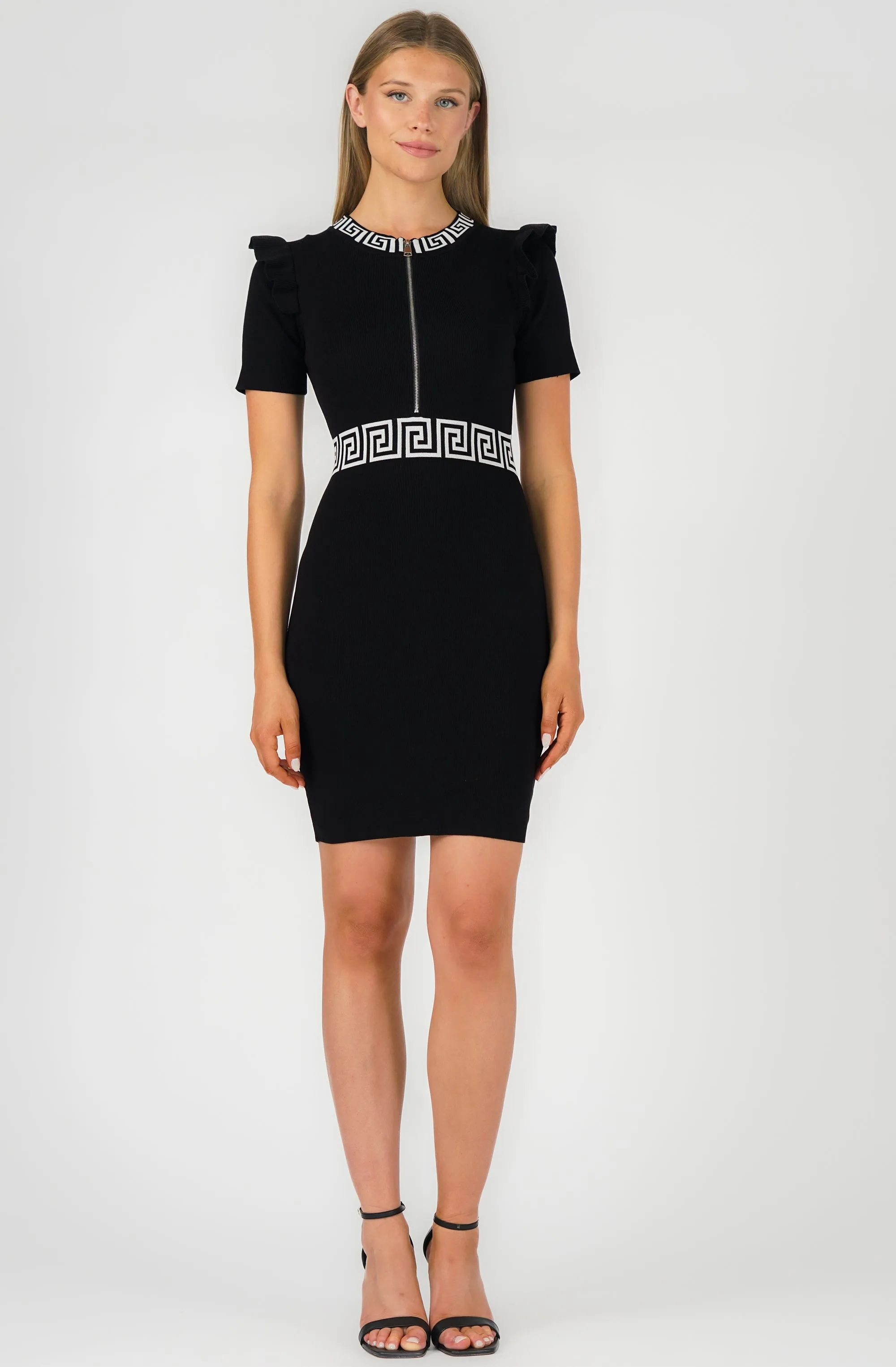 Printed Contrast Trim Knit Dress with Zipper Front