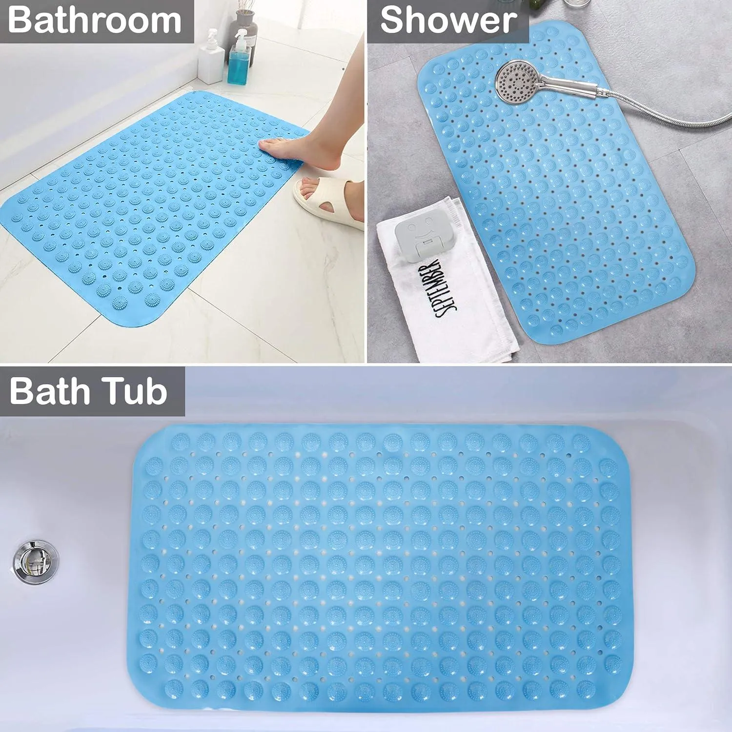 PVC Shower Mat Anti-Slip with Massage Acupressure Points, 46x78 cm, Blue