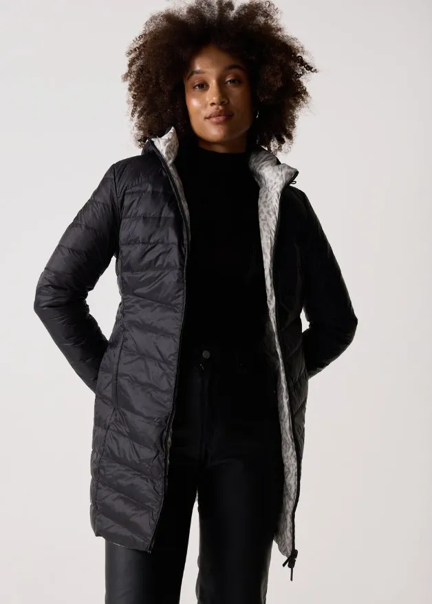 Reversible Black Sand Leopard Duck Down Puffer Coat