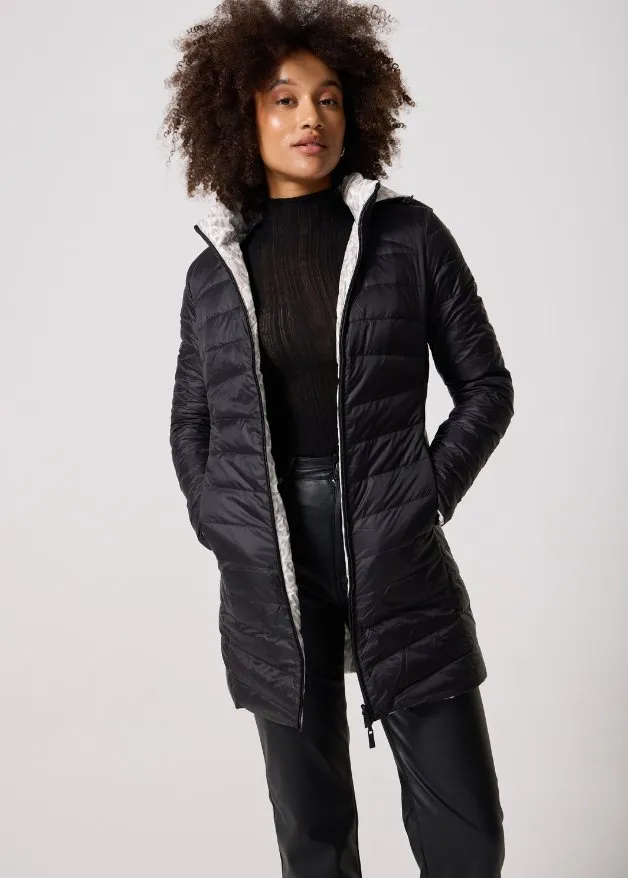 Reversible Black Sand Leopard Duck Down Puffer Coat