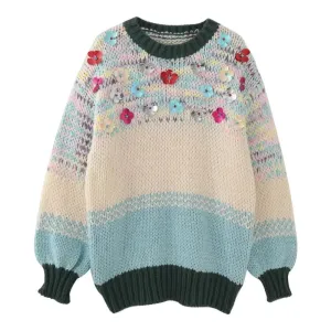 Sequins Flowers Loose Hand Knitted Women Pullover Sweaters 2023 Autumn Winter New in V-neck Colour Stripe Jumper Top C-263