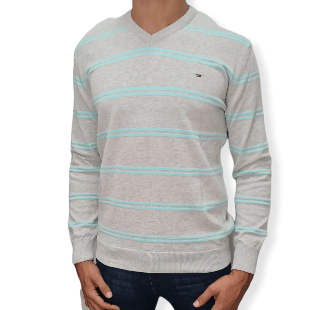 [Slim Fit] Men V-Collar Pullover TH - Light Grey Stripes