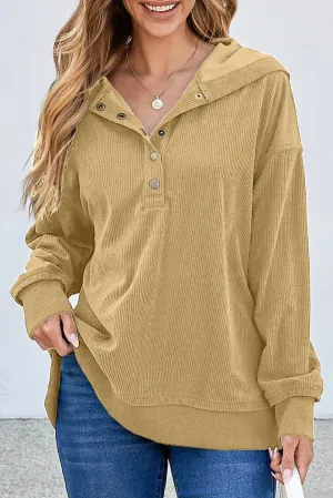 Solid Ribbed Knit Buttoned Hoodie