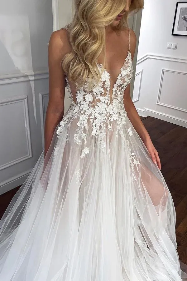 Spaghetti Straps V-Neck Lace Appliques A-line Tulle Rustic Wedding Dress With Slit      fg6416