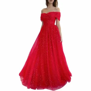 Sparkly Tulle Prom Dresses Off Shoulder Pleated Formal Evening Party Gowns