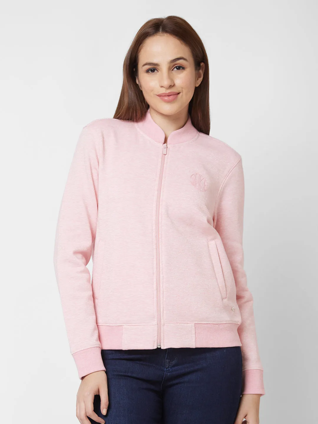 Spykar Round Neck Full Sleeve Pink Sweatshirt For Women