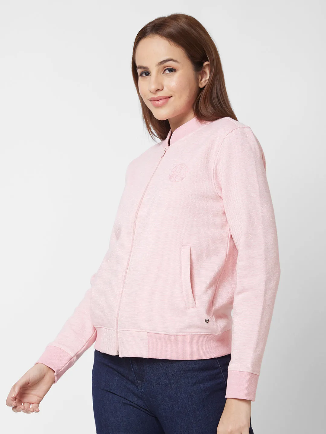 Spykar Round Neck Full Sleeve Pink Sweatshirt For Women