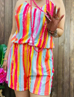 Striped multi-color printed sleeveless w/pocket women romper YMY13364