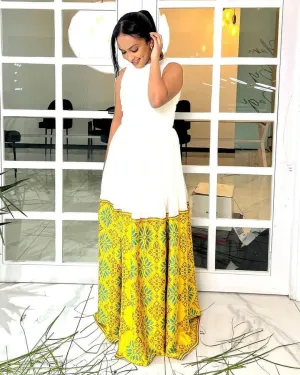 Stylish Yellow with Green Embroidered Traditional Ethiopian Dress: Beautiful Wider Hemline Design Habesha Dress