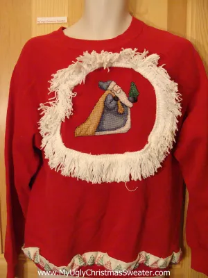 Tacky Christmas Sweatshirt Santa Limp Sack and Fringe