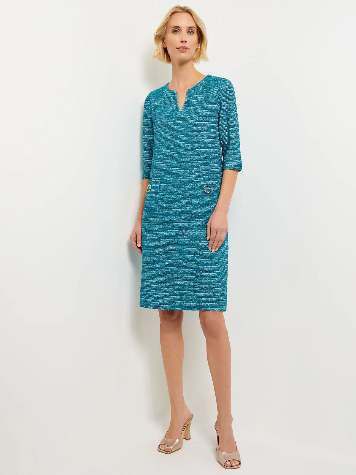 Tweed Knit Shift Dress with Pockets, French Blue