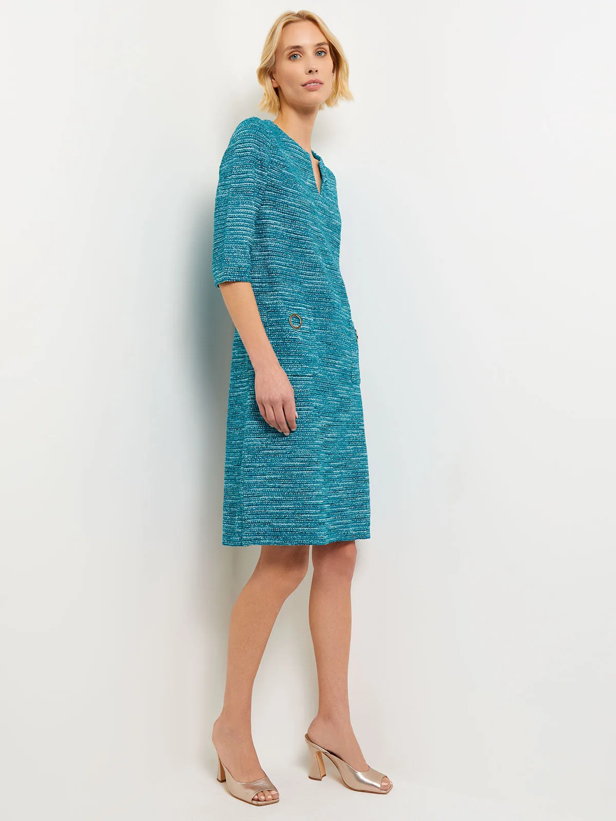 Tweed Knit Shift Dress with Pockets, French Blue