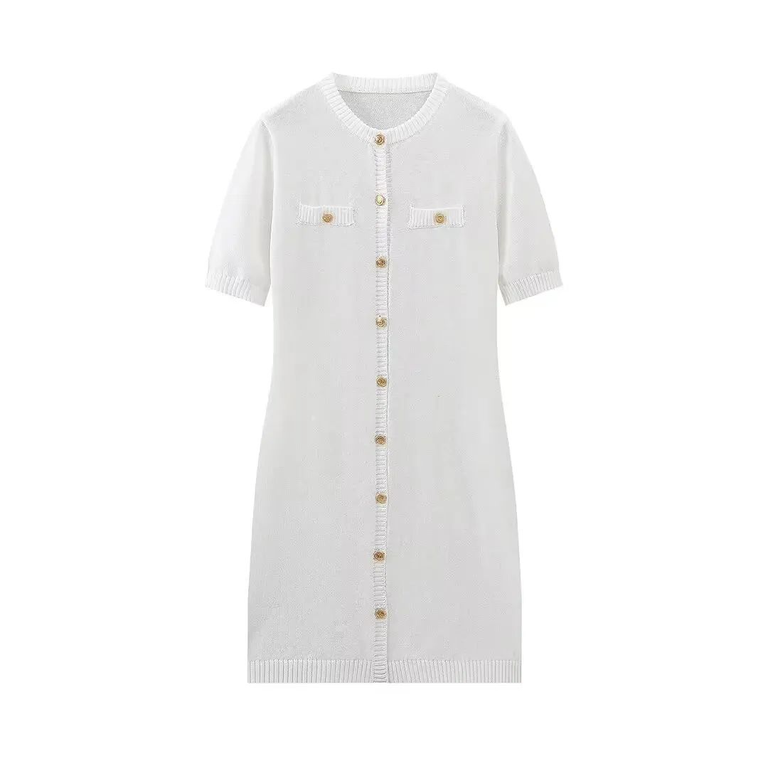 White Knit Short Charming Sleeve Buttoned Mini Dress