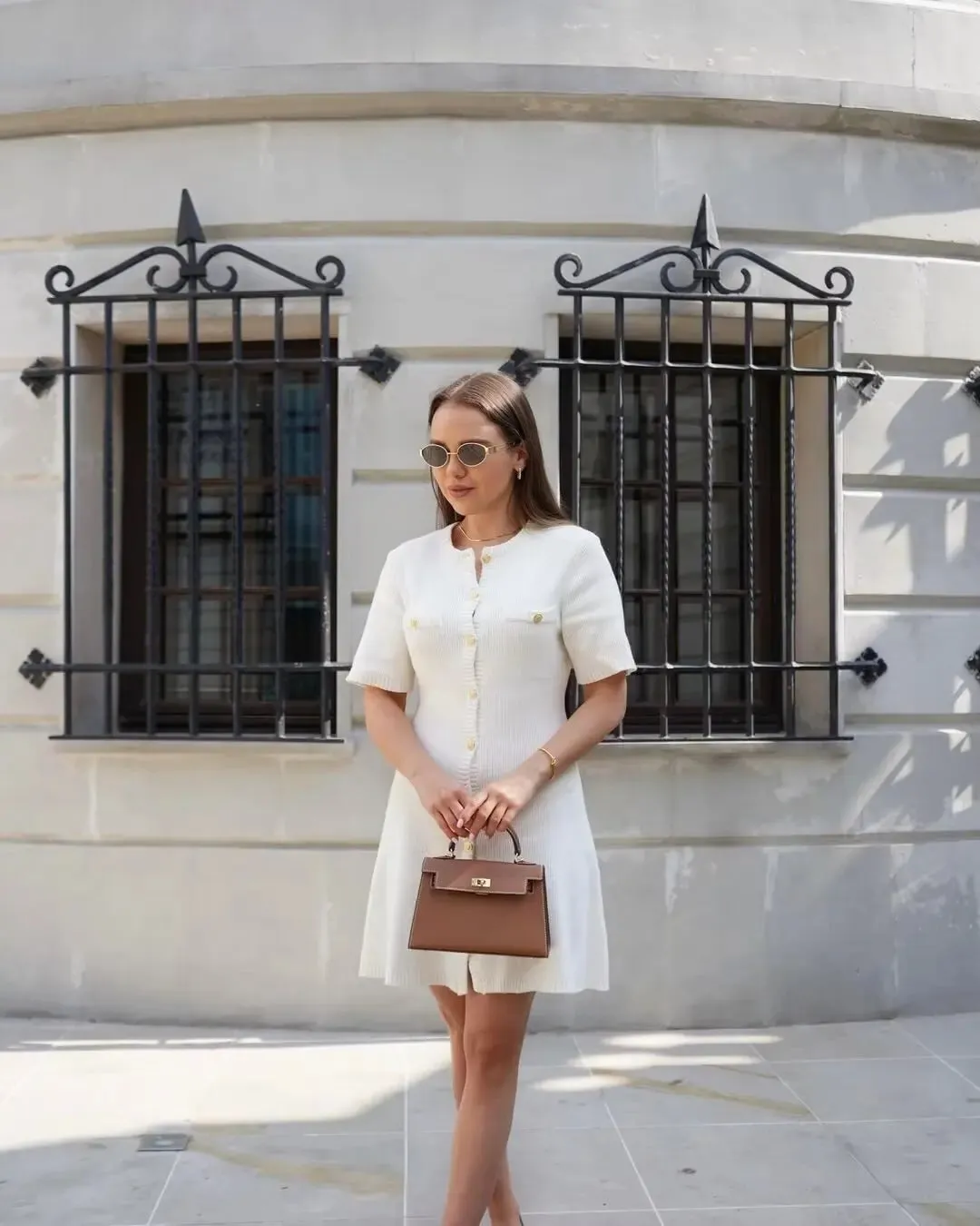 White Knit Short Charming Sleeve Buttoned Mini Dress